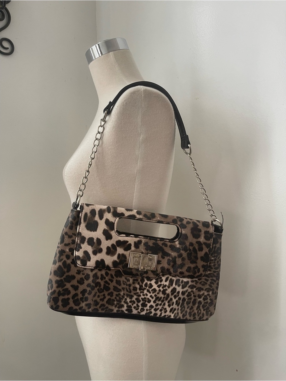 Leopard Print Shoulder Bag with Chain and Top Handle - Brown/Black